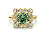 Yellow gold Fancy Green Cushion  Halo Diamond Cluster Engagement Ring with Milgrain Bezel Setting and Solitaire Band_51