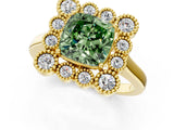 Yellow gold Fancy Green Cushion  Halo Diamond Cluster Engagement Ring with Milgrain Bezel Setting and Solitaire Band_52