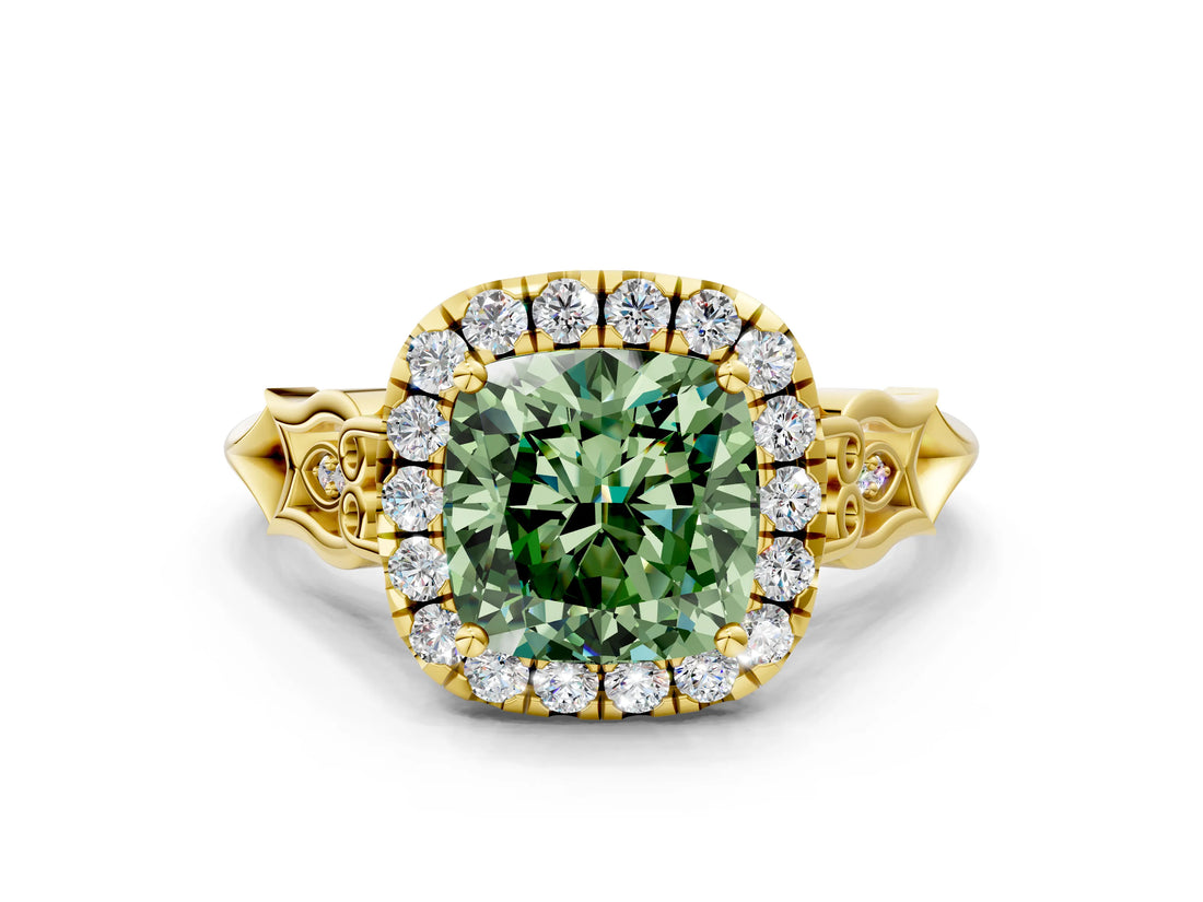 Yellow gold Fancy Green Cushion  Halo Diamond Engagement Ring with Filigree Band and Four-Prong Setting_81