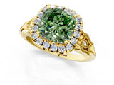 Yellow gold Fancy Green Cushion  Halo Diamond Engagement Ring with Filigree Band and Four-Prong Setting_82