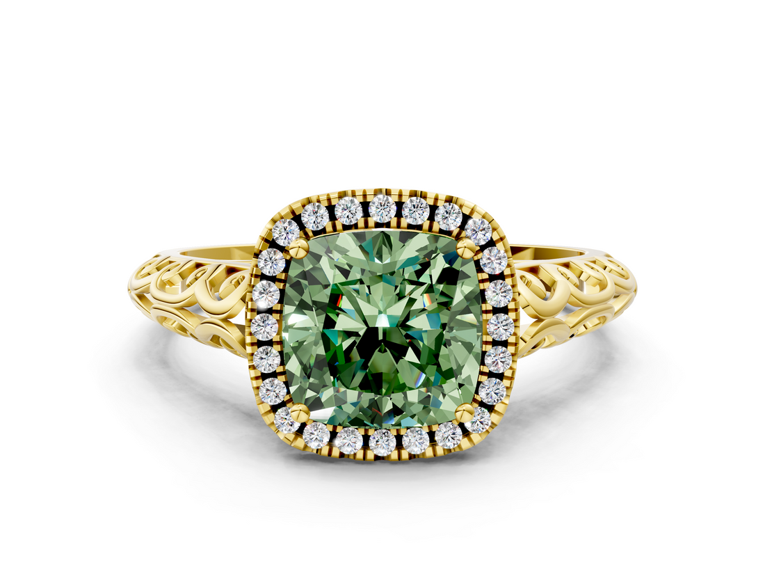 Yellow gold Fancy Green Cushion  Halo Diamond Engagement Ring with Intricate Filigree Band and Four-Prong Setting_37