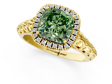 Yellow gold Fancy Green Cushion  Halo Diamond Engagement Ring with Intricate Filigree Band and Four-Prong Setting_38