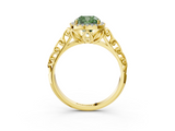 Yellow gold Fancy Green Cushion  Halo Diamond Engagement Ring with Intricate Filigree Band and Four-Prong Setting_40