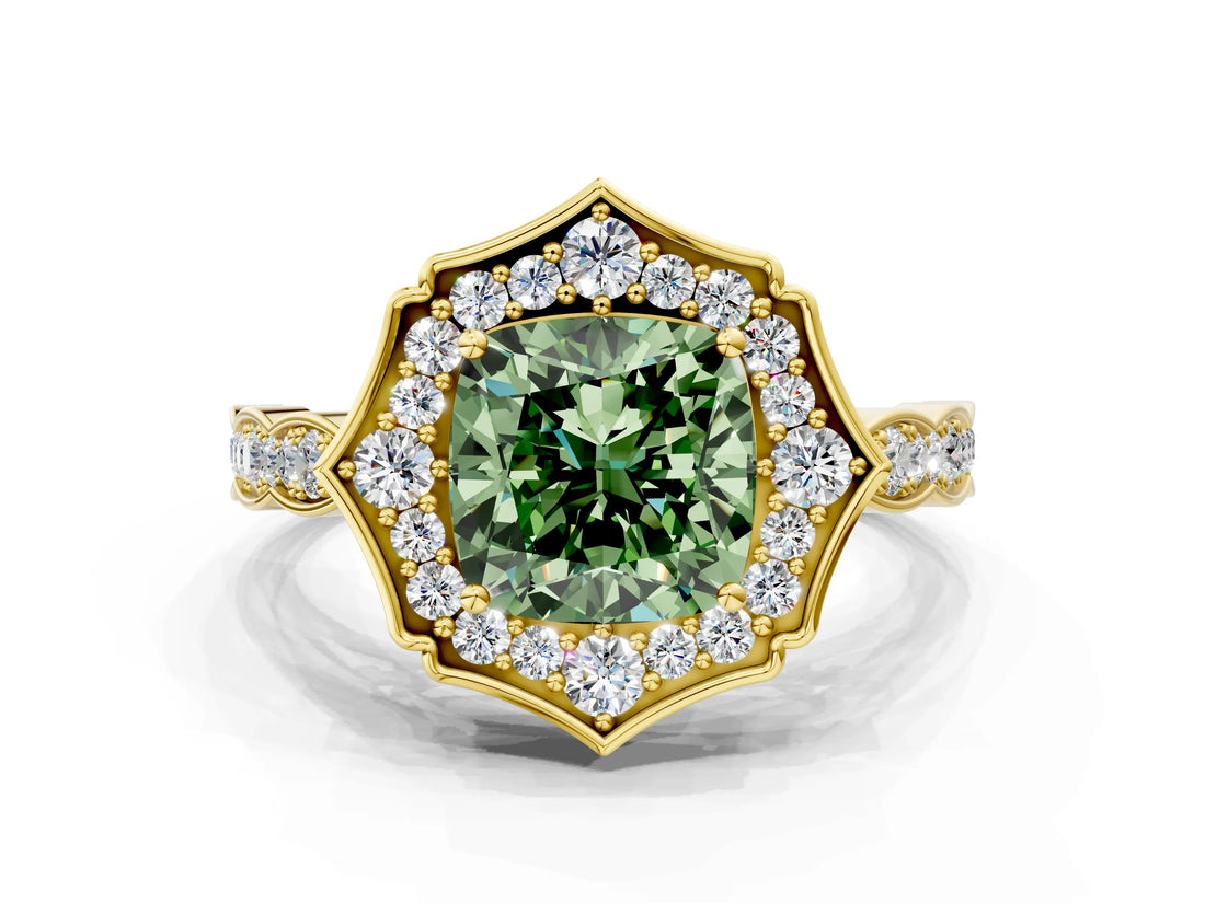 Yellow gold Fancy Green Cushion  Halo Diamond Engagement Ring with Milgrain Band and Four-Prong Setting_54