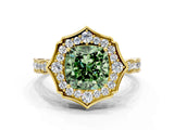 Yellow gold Fancy Green Cushion  Halo Diamond Engagement Ring with Milgrain Band and Four-Prong Setting_54