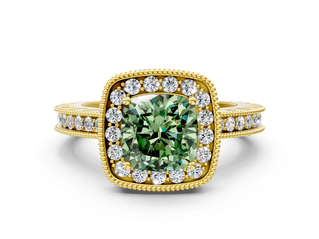 Yellow gold Fancy Green Cushion  Halo Diamond Engagement Ring with Milgrain Pave Band and Four-Prong Setting_12