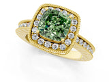 Yellow gold Fancy Green Cushion  Halo Diamond Engagement Ring with Milgrain Pave Band and Four-Prong Setting_13