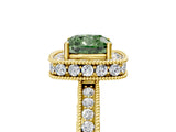 Yellow gold Fancy Green Cushion  Halo Diamond Engagement Ring with Milgrain Pave Band and Four-Prong Setting_17