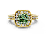 Yellow gold Fancy Green Cushion  Halo Diamond Engagement Ring with Milgrain Pave Band and Four-Prong Setting_87