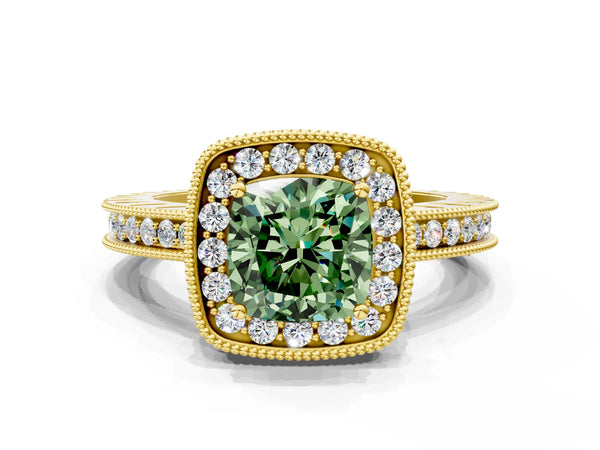 Yellow gold Fancy Green Cushion  Halo Diamond Engagement Ring with Milgrain Pave Band and Four-Prong Setting