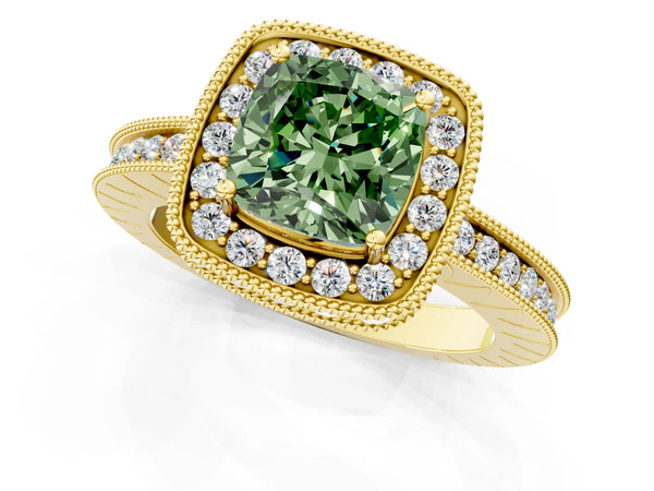Yellow gold Fancy Green Cushion  Halo Diamond Engagement Ring with Milgrain Pave Band and Four-Prong Setting
