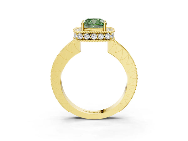 Yellow gold Fancy Green Cushion  Halo Diamond Engagement Ring with Milgrain Pave Band and Four-Prong Setting