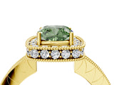 Yellow gold Fancy Green Cushion  Halo Diamond Engagement Ring with Milgrain Pave Band and Four-Prong Setting_91