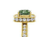 Yellow gold Fancy Green Cushion  Halo Diamond Engagement Ring with Milgrain Pave Band and Four-Prong Setting_92