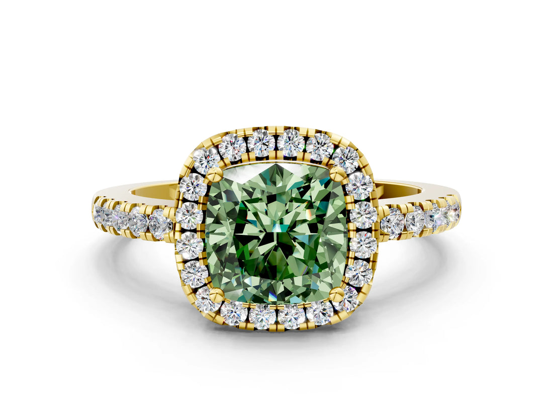 Yellow gold Fancy Green Cushion  Halo Diamond Engagement Ring with Pavé Band and Four-Prong Setting_57