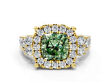Yellow gold Fancy Green Cushion  Halo Diamond Engagement Ring with Split Shank and Four-Prong Setting