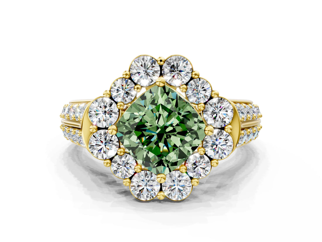 Yellow gold Fancy Green Cushion  Halo Diamond Engagement Ring with Split Shank and Prong Setting_64