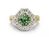 Yellow gold Fancy Green Cushion  Halo Diamond Engagement Ring with Split Shank and Prong Setting_64