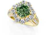 Yellow gold Fancy Green Cushion  Halo Diamond Engagement Ring with Split Shank and Prong Setting_65