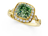 Yellow gold Fancy Green Cushion  Halo Diamond Engagement Ring with Twisted Band and Four-Prong Setting 1
