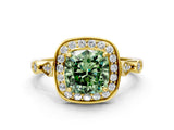 Yellow gold Fancy Green Cushion  Halo Diamond Engagement Ring with Twisted Band and Four-Prong Setting