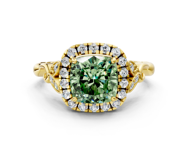 Yellow gold Fancy Green Cushion  Halo Diamond Engagement Ring with Vintage-Inspired Band and Four-Prong Setting