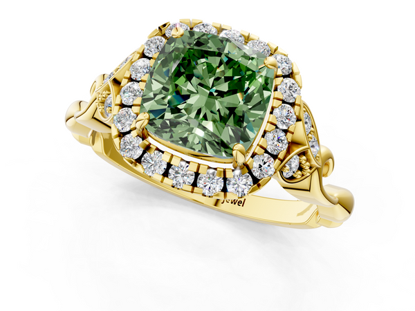 Yellow gold Fancy Green Cushion  Halo Diamond Engagement Ring with Vintage-Inspired Band and Four-Prong Setting