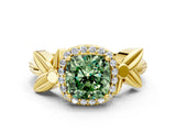 Yellow gold Fancy Green Cushion  Halo Diamond Floral Band with Four-Prong Setting_55