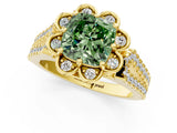 Yellow gold Fancy Green Cushion  Halo Diamond Floral Split Shank Engagement Ring 1