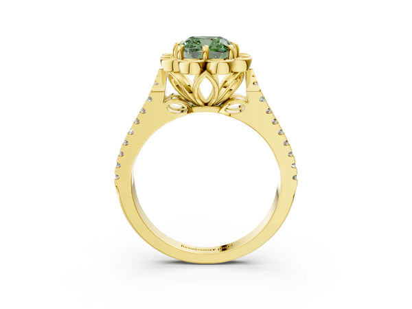 Yellow gold Fancy Green Cushion  Halo Diamond Floral Split Shank Engagement Ring