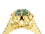 Yellow gold Fancy Green Cushion  Halo Diamond Floral Split Shank Engagement Ring 4