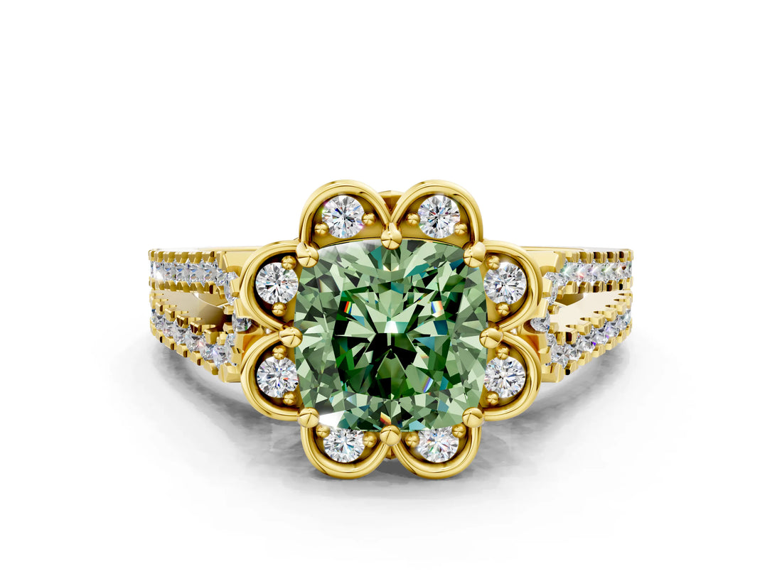 Yellow gold Fancy Green Cushion  Halo Diamond Floral Split Shank Engagement Ring