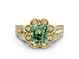 Yellow gold Fancy Green Cushion  Halo Diamond Floral Split Shank Engagement Ring