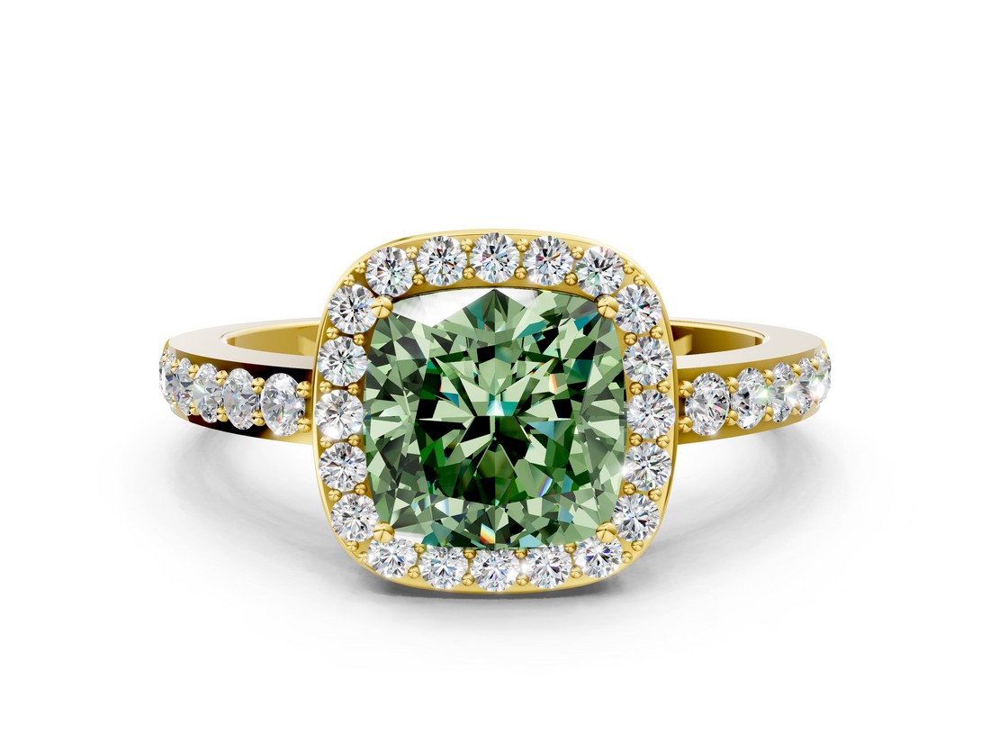 Yellow gold Fancy Green Cushion  Halo Diamond Pavé Band Ring with Prong Setting_20