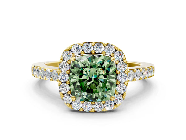 Yellow gold Fancy Green Cushion  Halo Diamond Pavé Solitaire Ring