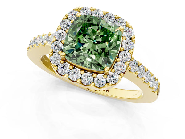 Yellow gold Fancy Green Cushion  Halo Diamond Pavé Solitaire Ring