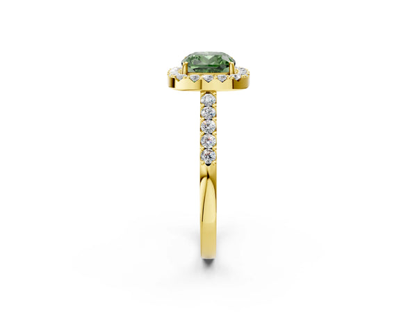 Yellow gold Fancy Green Cushion  Halo Diamond Pavé Solitaire Ring