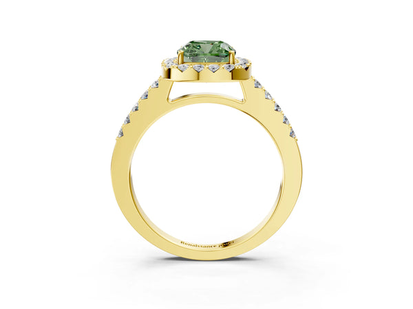 Yellow gold Fancy Green Cushion  Halo Diamond Pavé Solitaire Ring
