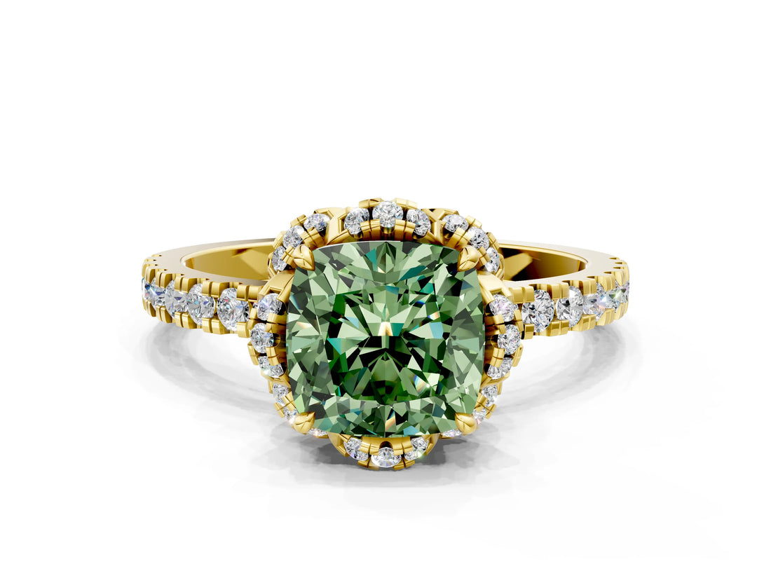 Yellow gold Fancy Green Cushion  Halo Diamond Pave Band Ring with Four-Prong Setting_15