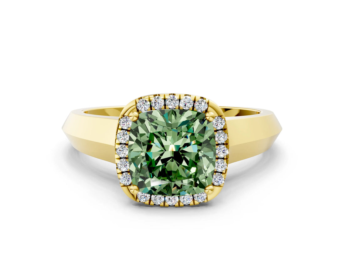 Yellow gold Fancy Green Cushion  Halo Diamond Ring with Cathedral Band and Four-Prong Setting_49