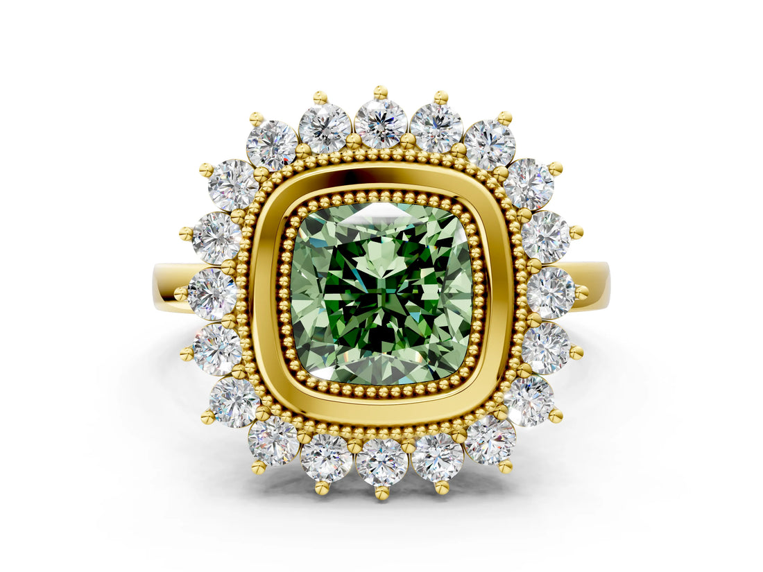 Yellow gold Fancy Green Cushion  Halo Diamond Ring with Milgrain Edge and Round Prong Setting_26