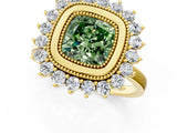 Yellow gold Fancy Green Cushion  Halo Diamond Ring with Milgrain Edge and Round Prong Setting_27