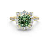 Yellow gold Fancy Green Cushion  Halo Diamond Ring with Pavé Band and Prong Setting_37