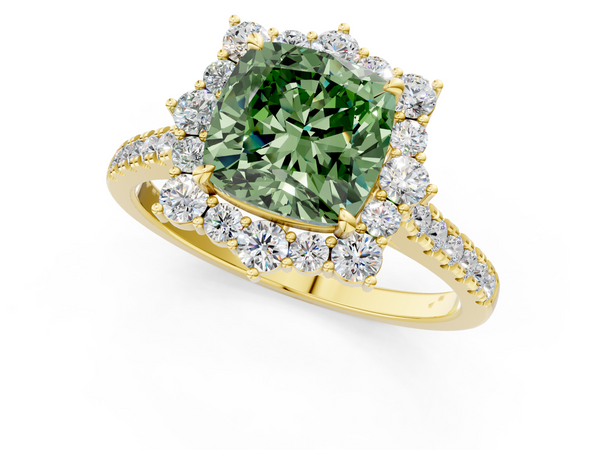 Yellow gold Fancy Green Cushion  Halo Diamond Ring with Pavé Band and Prong Setting