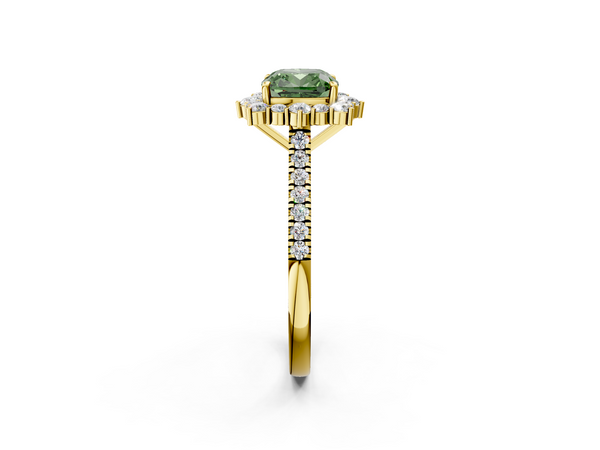 Yellow gold Fancy Green Cushion  Halo Diamond Ring with Pavé Band and Prong Setting