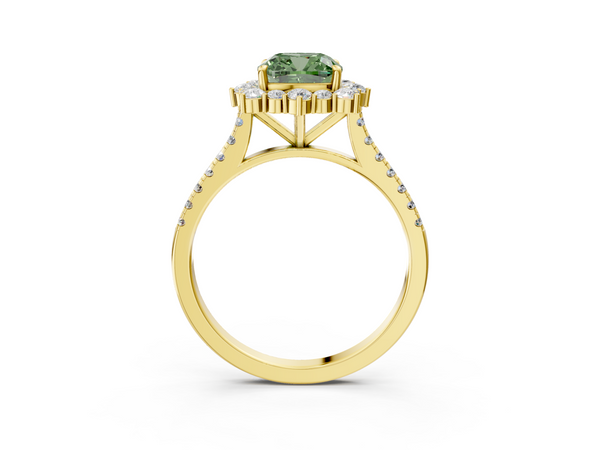 Yellow gold Fancy Green Cushion  Halo Diamond Ring with Pavé Band and Prong Setting