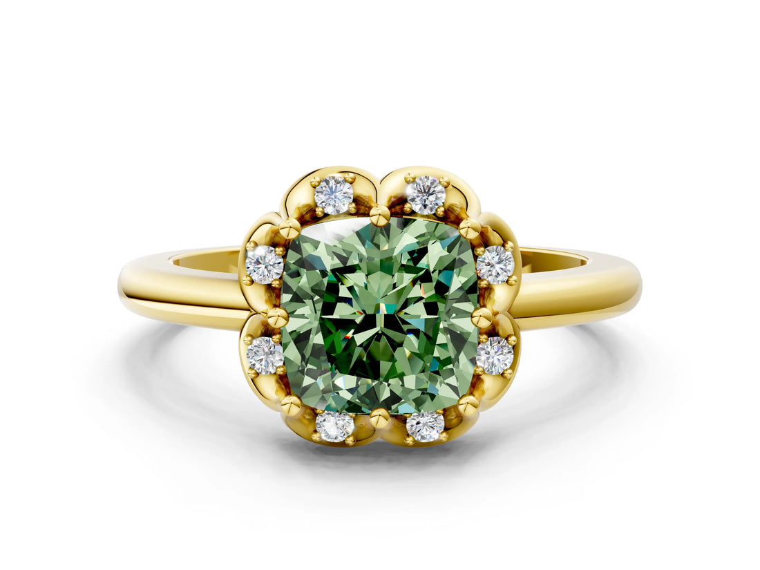 Yellow gold Fancy Green Cushion  Halo Diamond Ring with Round Cluster Setting, Solitaire Band, and Four-Prong Setting_84
