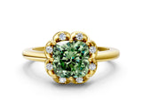 Yellow gold Fancy Green Cushion  Halo Diamond Ring with Round Cluster Setting, Solitaire Band, and Four-Prong Setting_84