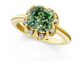 Yellow gold Fancy Green Cushion  Halo Diamond Ring with Round Cluster Setting, Solitaire Band, and Four-Prong Setting_85