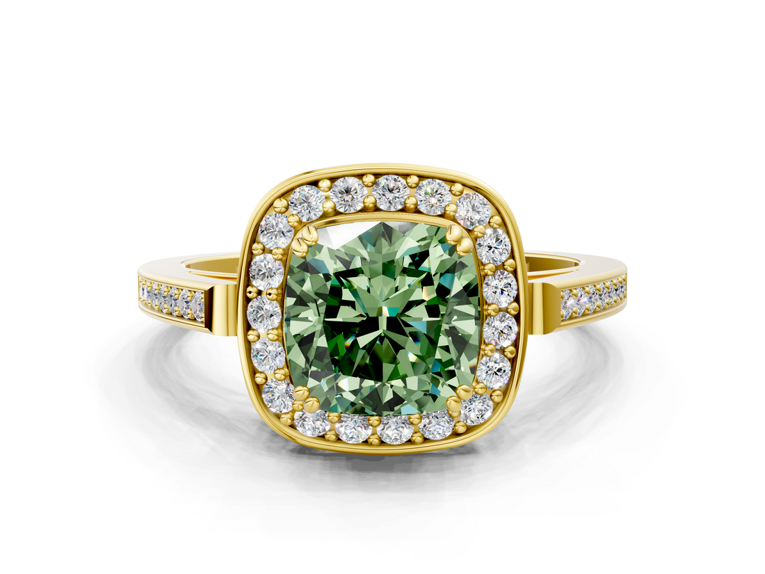 Yellow gold Fancy Green Cushion  Halo Diamond Ring with Split Shank and Four-Prong Setting_59